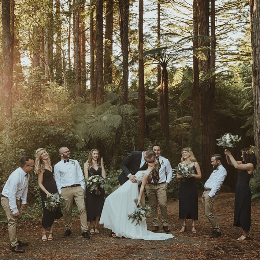 Feature-Alana-Daisy-Mallow-wedding-dress-cap-sleeves-bride-groom-bridesmaids-bouquet-kiss-forest