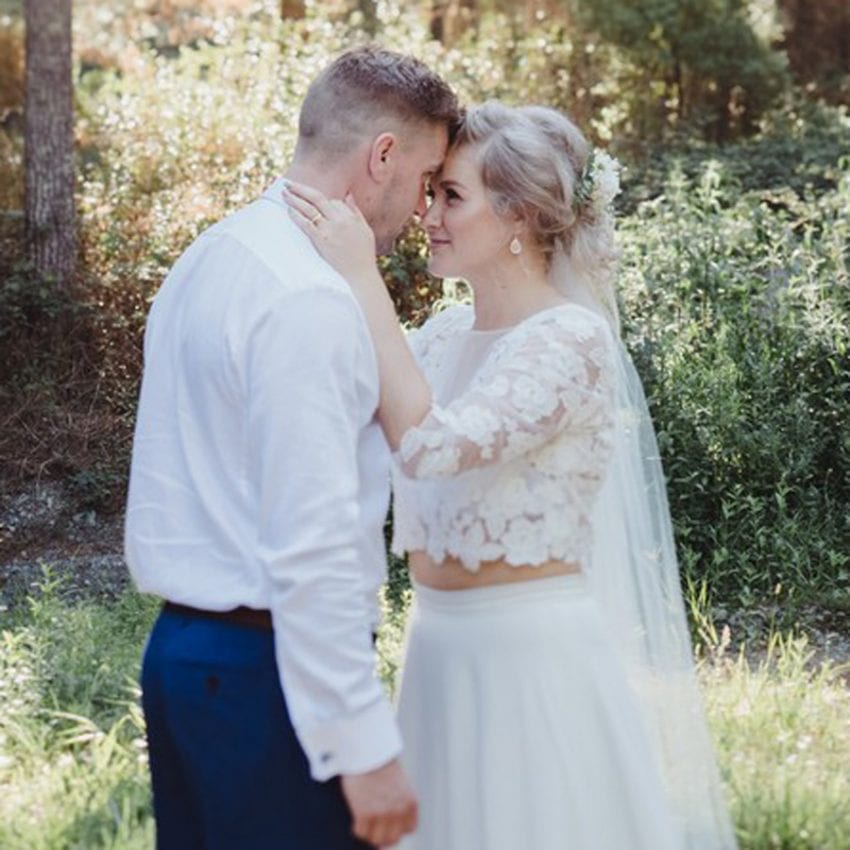 Feature-hannah-josh-daisy-petal-wedding-dress-skirt-veil-bride-groom-forest