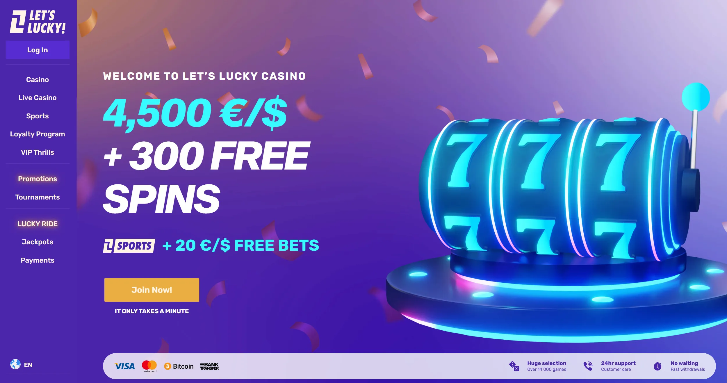 Let's Lucky casino frontpage showing welcome offer and site navigation